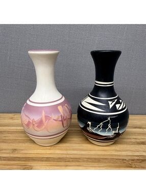 Vintage Navajo Pottery Bud Vases Set of 2 Signed Cedar Mesa Desert Rainbow Storm